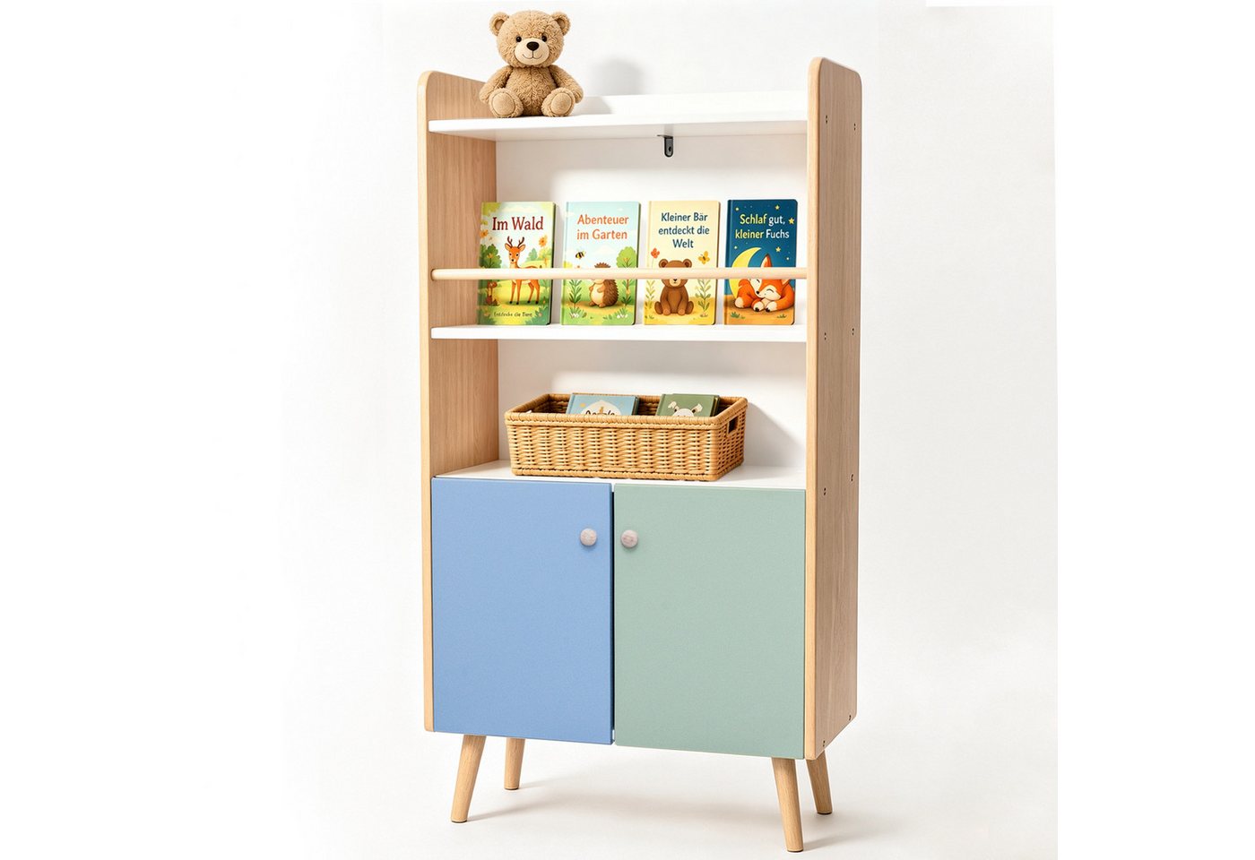 ALVIX Kinderregal NESTA 4, 4-in-1 mit frontaler Buchablage, 2 Türen und Kippschutz Bild 3
