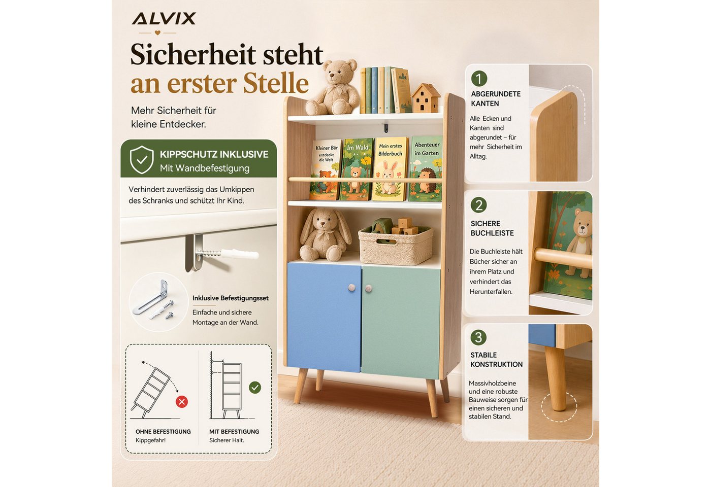 ALVIX Kinderregal NESTA 4, 4-in-1 mit frontaler Buchablage, 2 Türen und Kippschutz Bild 4