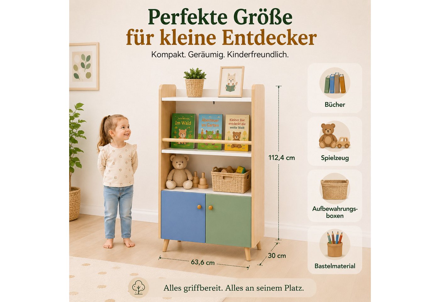 ALVIX Kinderregal NESTA 4, 4-in-1 mit frontaler Buchablage, 2 Türen und Kippschutz Bild 5