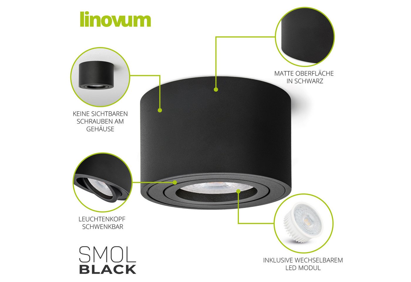 linovum LED Aufbaustrahler Deckenspot SMOL schwenkbar Schwarz mit LED 4W neutralweiß Aufbauspot, Neutralweiß Bild 2