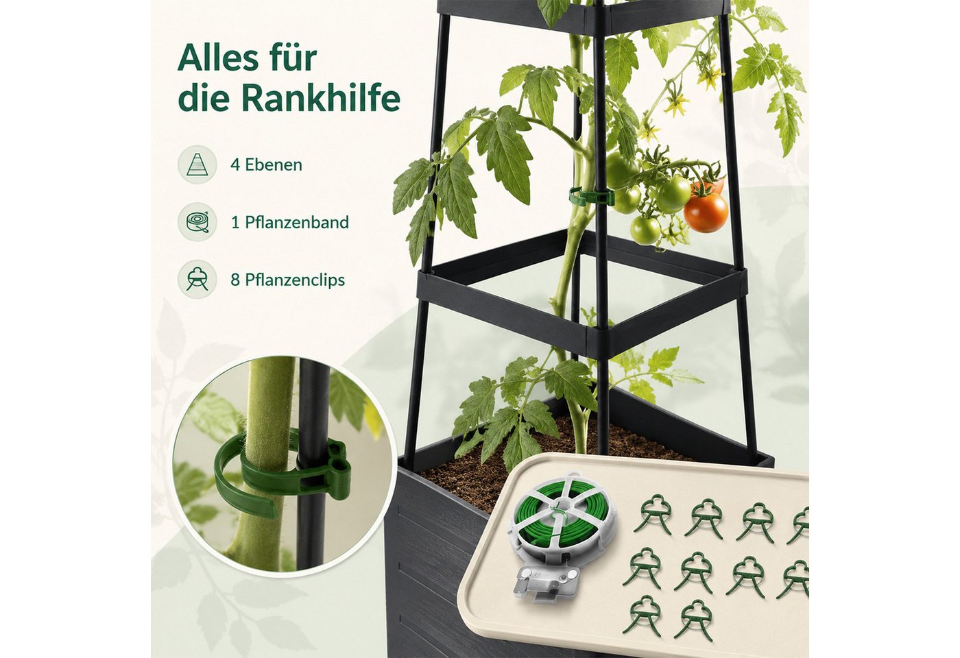 AIMAX Pflanzkübel Tomatentopf mit Rankhilfe, 140 cm Selbstbewässerung Tomaten Rankhilfe (Tomatenturm mit Wasserspeicher, Tomaten Pflanzkästen, Blumenkasten, 1 St., Verstellbare Rankenstütze, Integrierter Wasserspeicher, Hochbeet), zum Klettern von Gemüse, Pflanzen, Blumen, Balkon, Garten, in- outdoor Bild 2