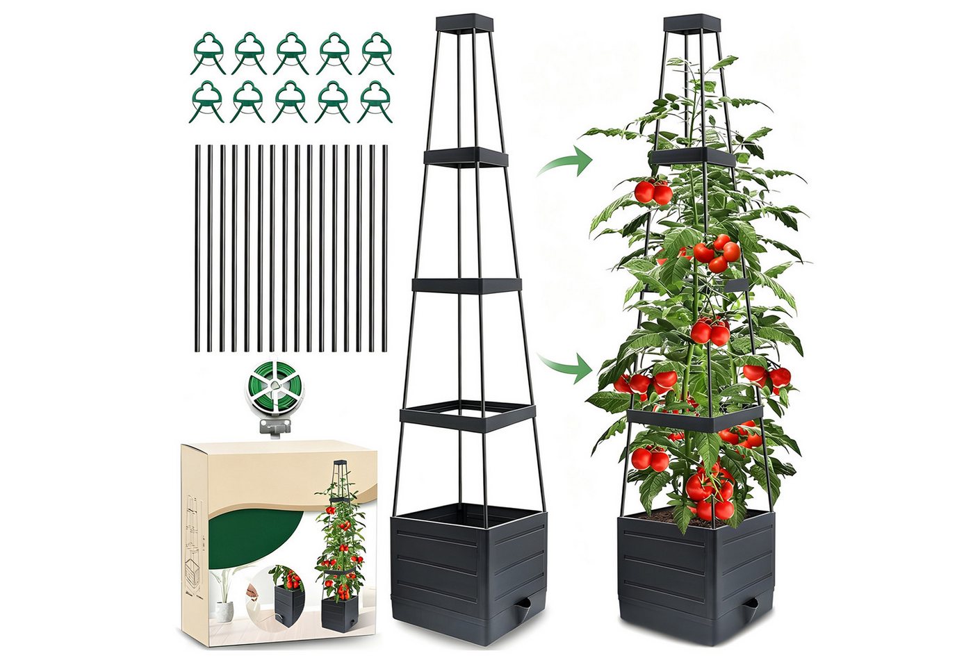 AIMAX Pflanzkübel Tomatentopf mit Rankhilfe, 140 cm Selbstbewässerung Tomaten Rankhilfe (Tomatenturm mit Wasserspeicher, Tomaten Pflanzkästen, Blumenkasten, 1 St., Verstellbare Rankenstütze, Integrierter Wasserspeicher, Hochbeet), zum Klettern von Gemüse, Pflanzen, Blumen, Balkon, Garten, in- outdoor Bild 3