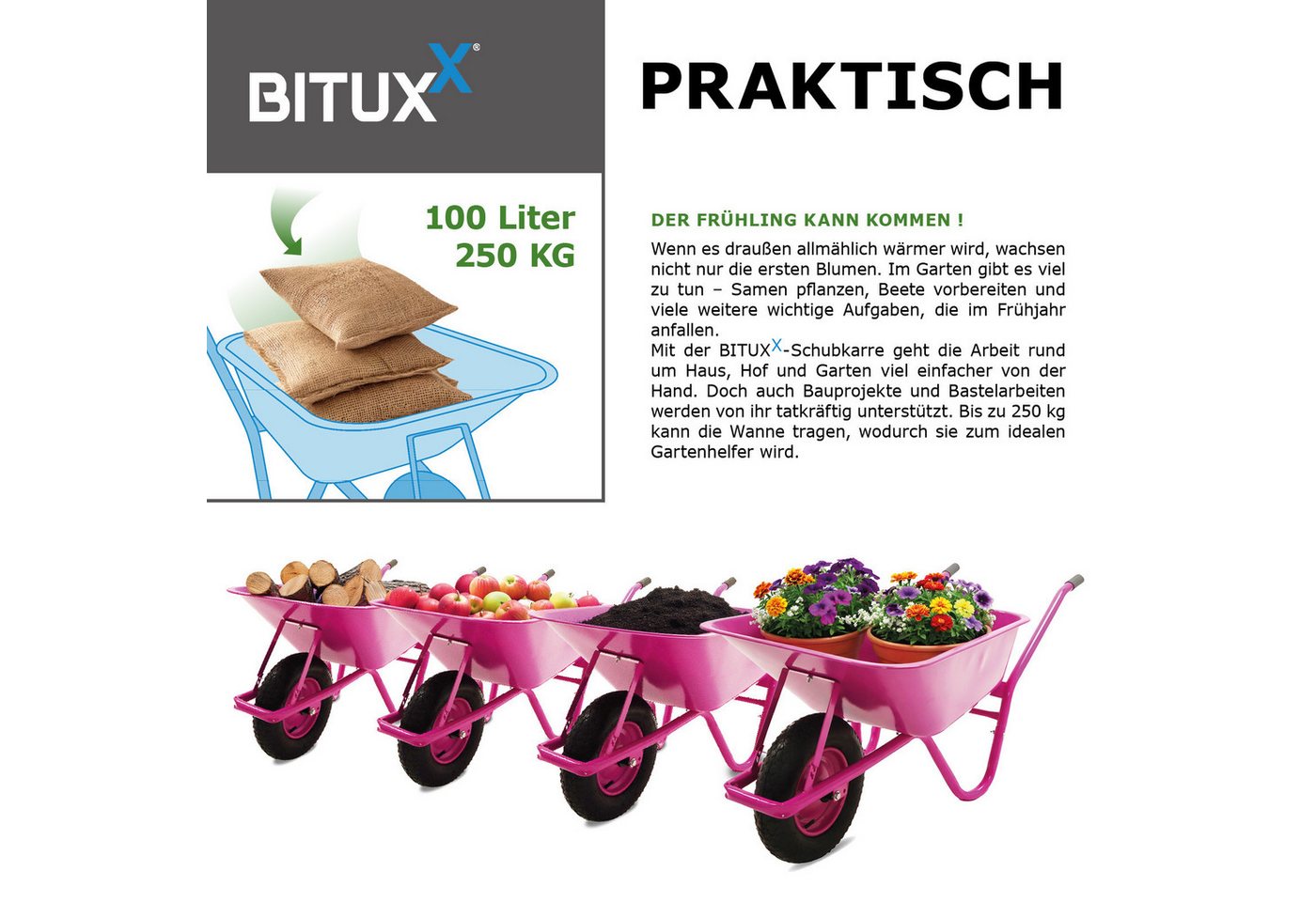Bituxx Schubkarre 100 Liter 250 kg Pink, (MS-20004), 100 Liter Volumen, 250 kg, Stahlrahmen, Pulverberschichtet Bild 3