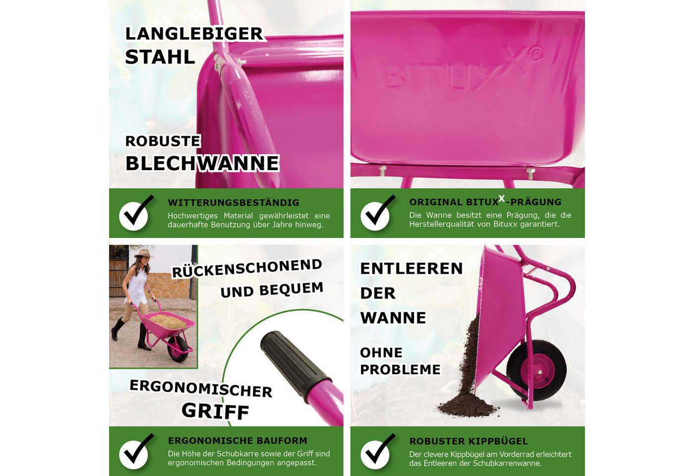 Bituxx Schubkarre 100 Liter 250 kg Pink, (MS-20004), 100 Liter Volumen, 250 kg, Stahlrahmen, Pulverberschichtet Bild 4