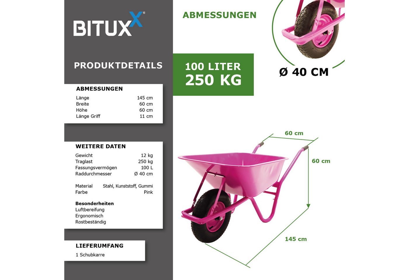Bituxx Schubkarre 100 Liter 250 kg Pink, (MS-20004), 100 Liter Volumen, 250 kg, Stahlrahmen, Pulverberschichtet Bild 5