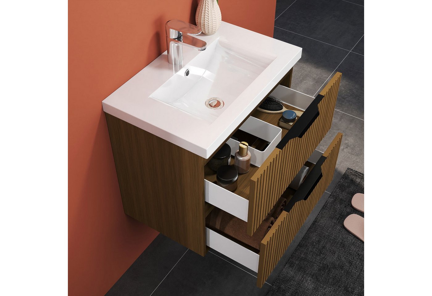 Aica Sanitär Waschtisch Walnuss Waschtisch mit Unterschrank mit Soft-Close Badmöbel Badschrank Bild 4