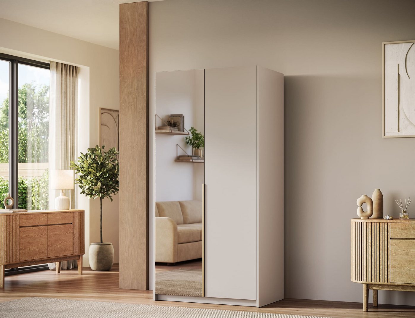 MOEBLO Drehtürenschrank Lunaro II (moderner Kleiderschrank 2-türig Schrank Garderobe Schlafzimmer, 100 cm, mit Spiegel Drehtüren Weiß Kaschmir Artisan Gold Griffe optional mit Aufsatz) (BxHxT): 100 x 204 x 58 cm Bild 2