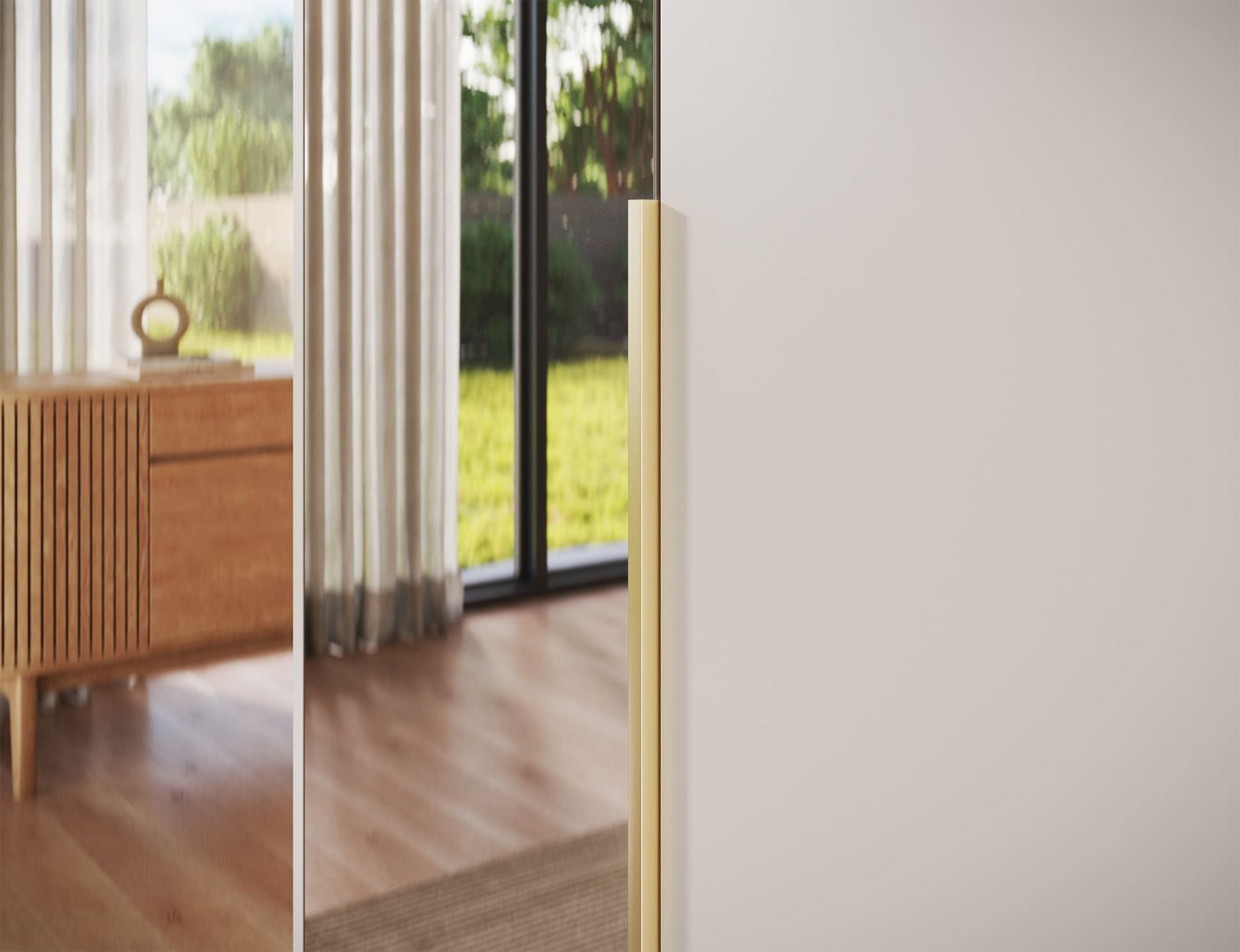 MOEBLO Drehtürenschrank Lunaro II (moderner Kleiderschrank 2-türig Schrank Garderobe Schlafzimmer, 100 cm, mit Spiegel Drehtüren Weiß Kaschmir Artisan Gold Griffe optional mit Aufsatz) (BxHxT): 100 x 204 x 58 cm Bild 3