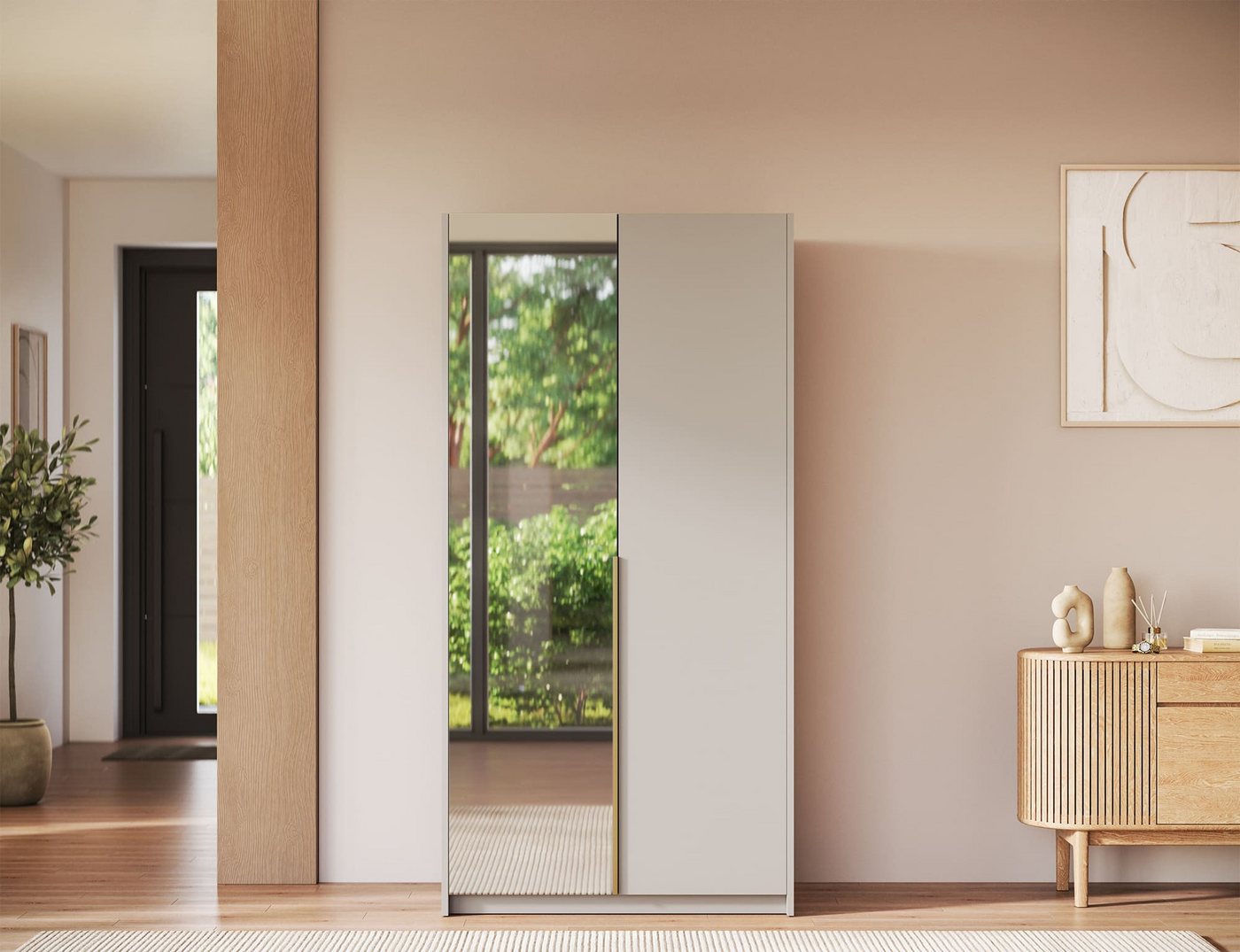 MOEBLO Drehtürenschrank Lunaro II (moderner Kleiderschrank 2-türig Schrank Garderobe Schlafzimmer, 100 cm, mit Spiegel Drehtüren Weiß Kaschmir Artisan Gold Griffe optional mit Aufsatz) (BxHxT): 100 x 204 x 58 cm Bild 4