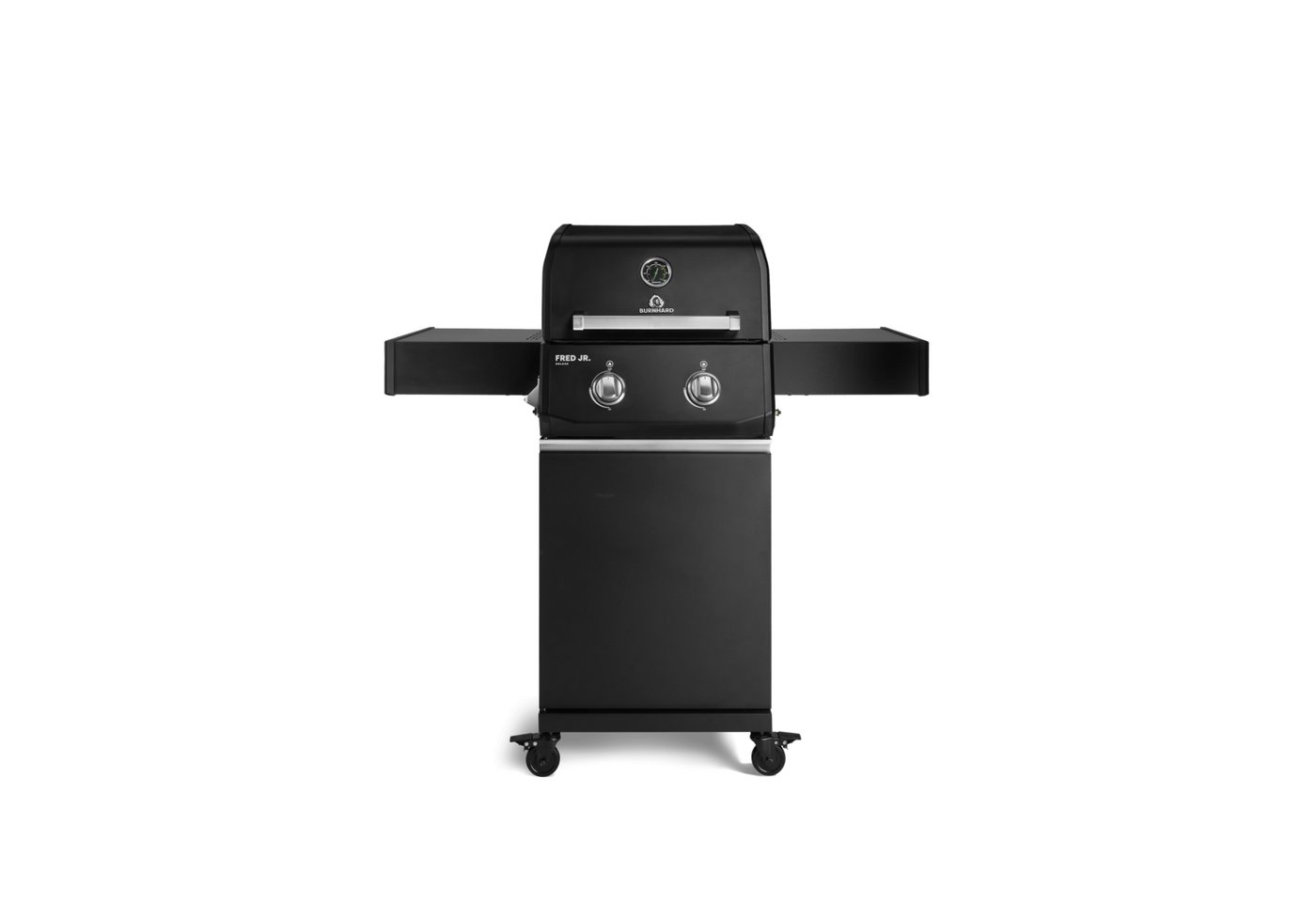BURNHARD® Gasgrill 2-Brenner, 2x Edelstahl-Stabbrenner, 3,75 kW, Seitentisch, Gussrost, Piezo-Zündung, kompakt, für 5 Personen – FRED Jr. Base