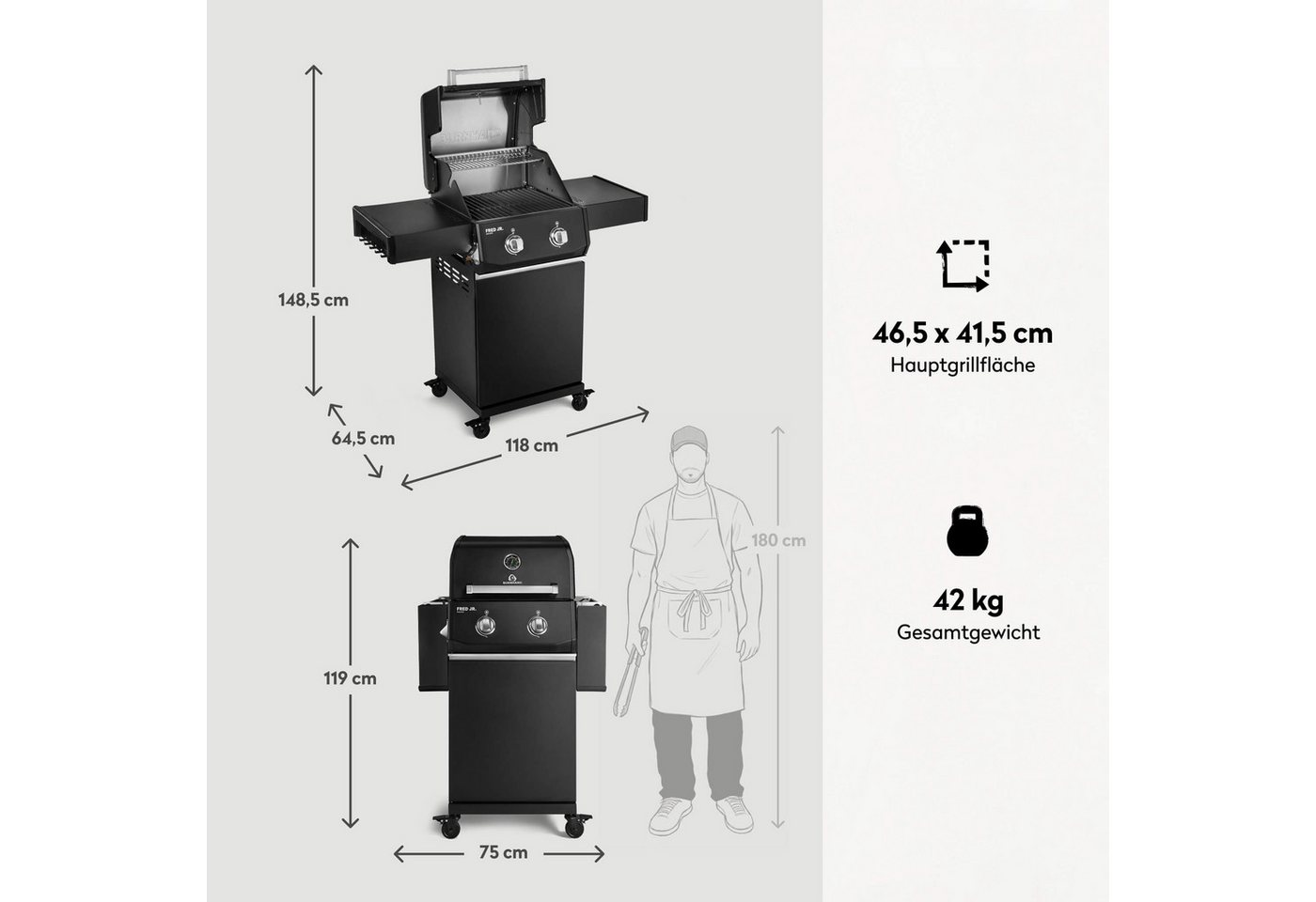 BURNHARD® Gasgrill 2-Brenner, 2x Edelstahl-Stabbrenner, 3,75 kW, Seitentisch, Gussrost, Piezo-Zündung, kompakt, für 5 Personen – FRED Jr. Base Bild 3