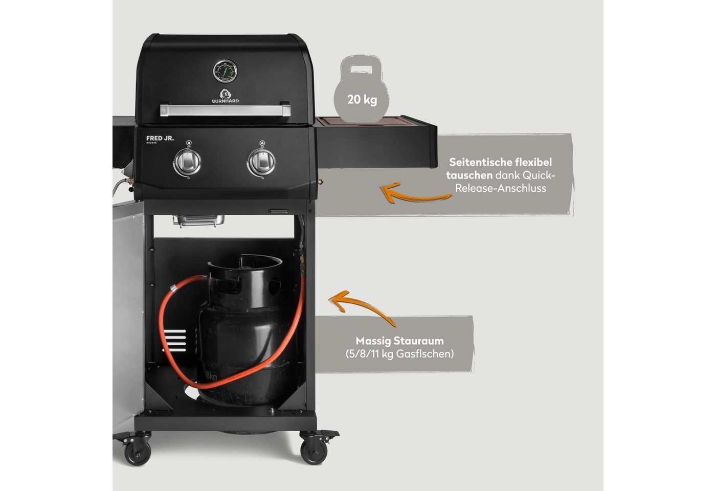 BURNHARD® Gasgrill 2-Brenner, 2x Edelstahl-Stabbrenner, 3,75 kW, Seitentisch, Gussrost, Piezo-Zündung, kompakt, für 5 Personen – FRED Jr. Base Bild 4