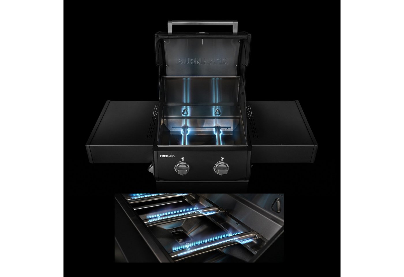 BURNHARD® Gasgrill 2-Brenner, 2x Edelstahl-Stabbrenner, 3,75 kW, Seitentisch, Gussrost, Piezo-Zündung, kompakt, für 5 Personen – FRED Jr. Base Bild 5