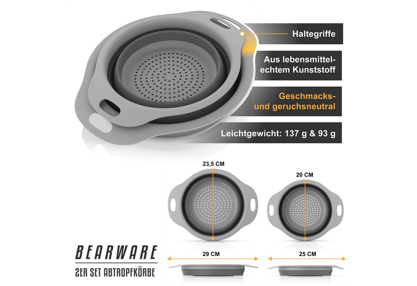 Arendo Seiher Abtropfsieb faltbar 2er Set 2,5 l + 1,4 l, Abtropfsschale, Haltegriffe, Kunststoff, (Set, 2-St., 2er Set Abtropfkörbe), Küchensieb faltbar, aufhängbar, PP & TPR, spülmaschinenfest bis 100 °C