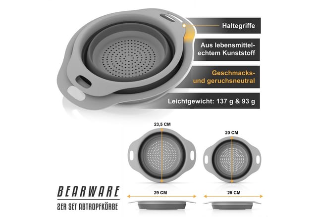 Arendo Seiher Abtropfsieb faltbar 2er Set 2,5 l + 1,4 l, Abtropfsschale, Haltegriffe, Kunststoff, (Set, 2-St., 2er Set Abtropfkörbe), Küchensieb faltbar, aufhängbar, PP & TPR, spülmaschinenfest bis 100 °C