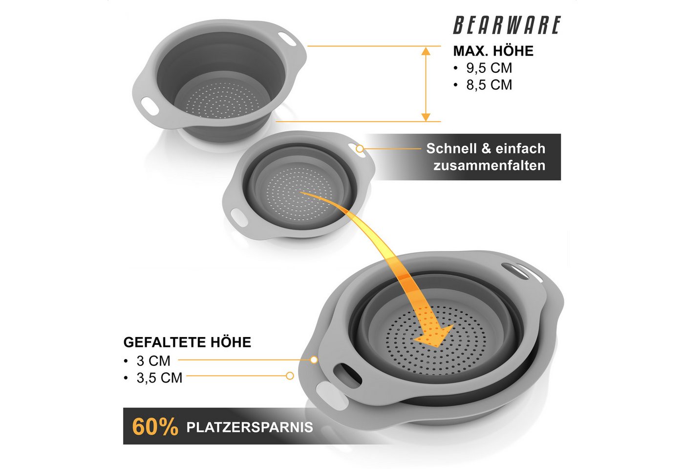 Arendo Seiher Abtropfsieb faltbar 2er Set 2,5 l + 1,4 l, Abtropfsschale, Haltegriffe, Kunststoff, (Set, 2-St., 2er Set Abtropfkörbe), Küchensieb faltbar, aufhängbar, PP & TPR, spülmaschinenfest bis 100 °C Bild 3