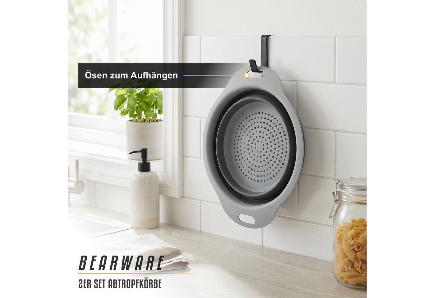 Arendo Seiher Abtropfsieb faltbar 2er Set 2,5 l + 1,4 l, Abtropfsschale, Haltegriffe, Kunststoff, (Set, 2-St., 2er Set Abtropfkörbe), Küchensieb faltbar, aufhängbar, PP & TPR, spülmaschinenfest bis 100 °C Bild 4