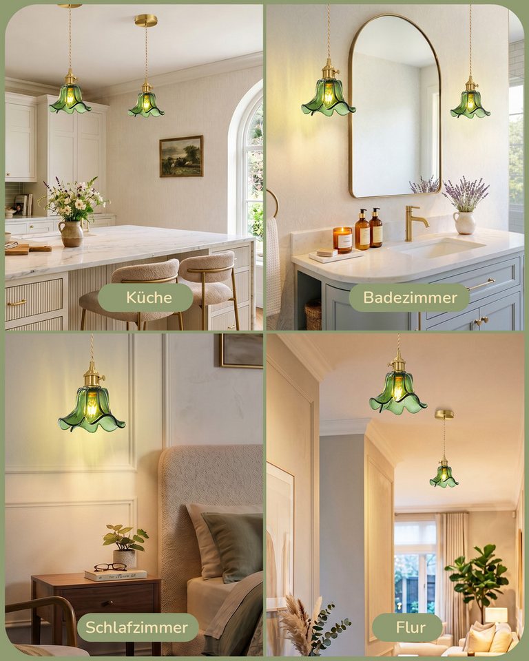 EDISHINE Pendelleuchte mit Glas Lampenschirm für Esstisch, LED wechselbar, warmweiß, 1,5 m höhenverstellbar, Hängellampe für Kücheninsel/Flur, Grün