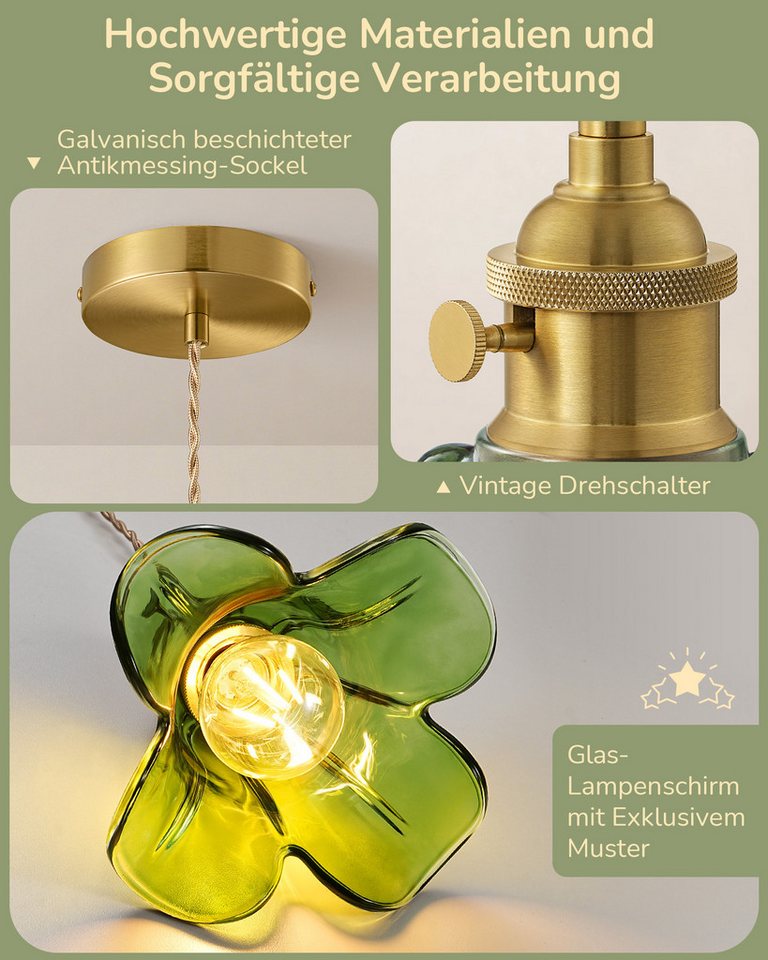 EDISHINE Pendelleuchte mit Glas Lampenschirm für Esstisch, LED wechselbar, warmweiß, 1,5 m höhenverstellbar, Hängellampe für Kücheninsel/Flur, Grün Bild 2