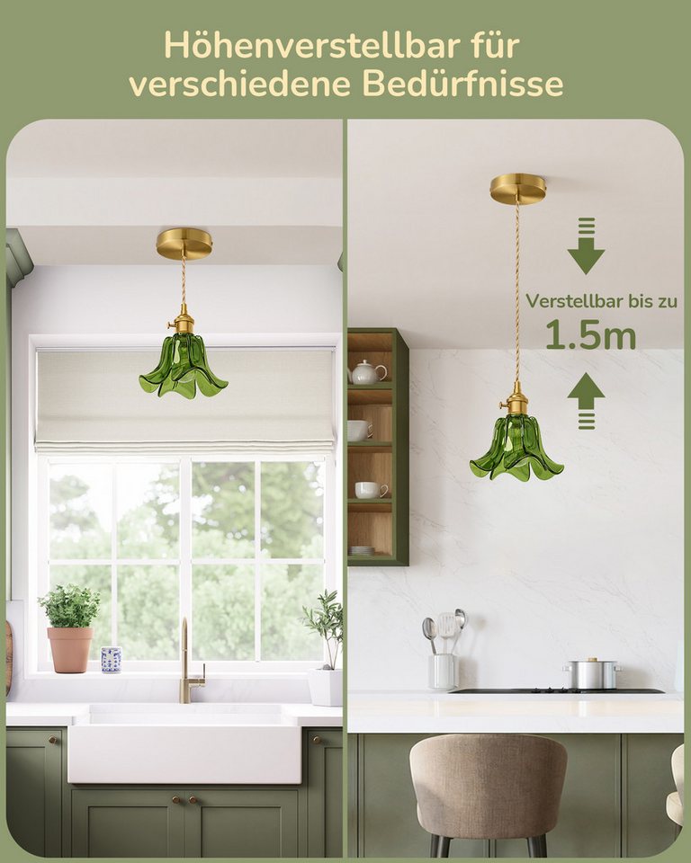 EDISHINE Pendelleuchte mit Glas Lampenschirm für Esstisch, LED wechselbar, warmweiß, 1,5 m höhenverstellbar, Hängellampe für Kücheninsel/Flur, Grün Bild 4