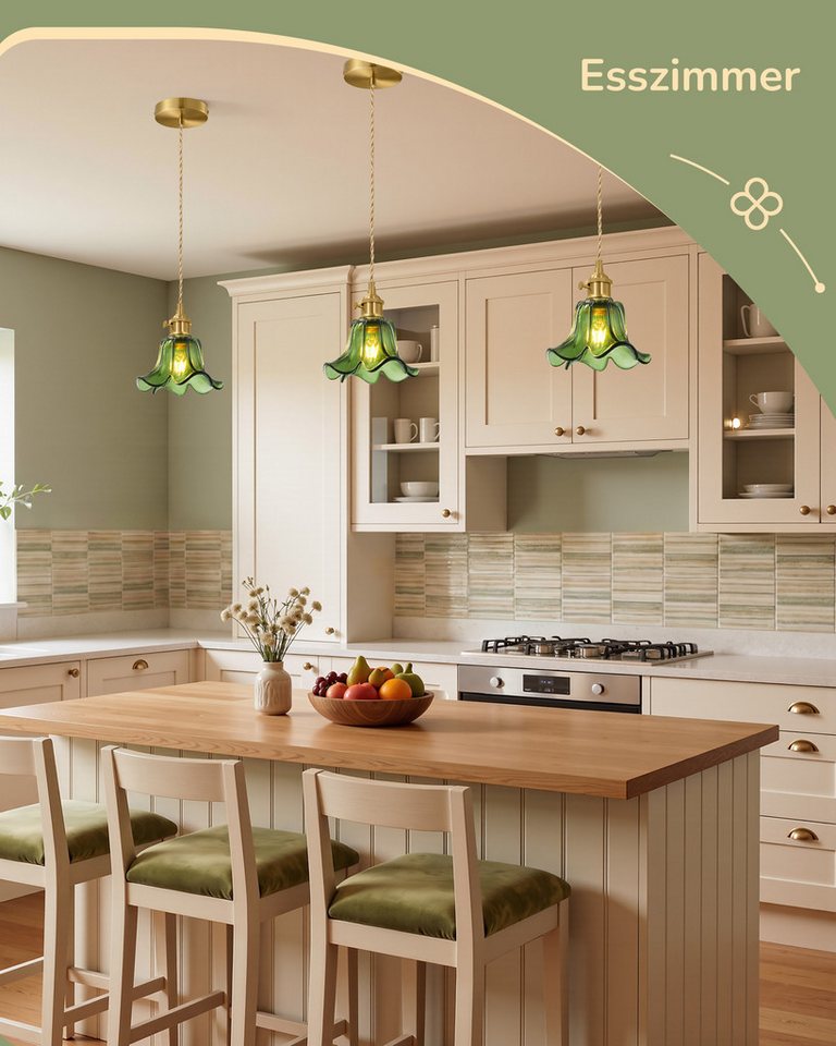 EDISHINE Pendelleuchte mit Glas Lampenschirm für Esstisch, LED wechselbar, warmweiß, 1,5 m höhenverstellbar, Hängellampe für Kücheninsel/Flur, Grün Bild 5