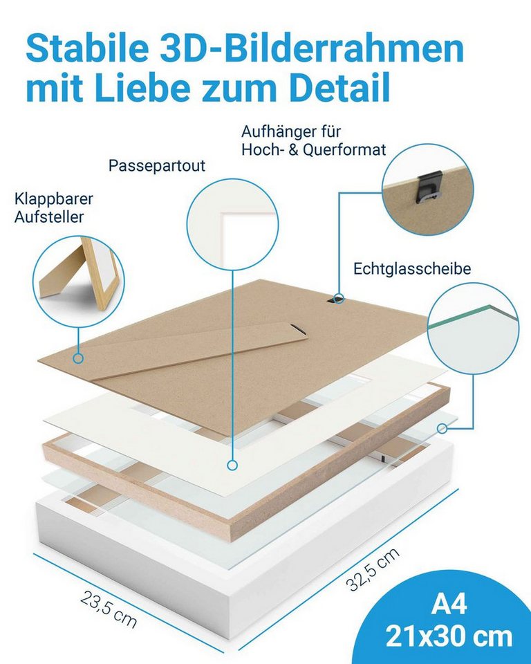 PHOTOLINI Bilderrahmen 2er Set 3D-Objektrahmen tief zum Befüllen mit Glasscheibe, für 2 Bilder (2er Set), tiefe Rahmen A4 21x30 cm mit Passepartout für Objekte bis 3 cm Tiefe