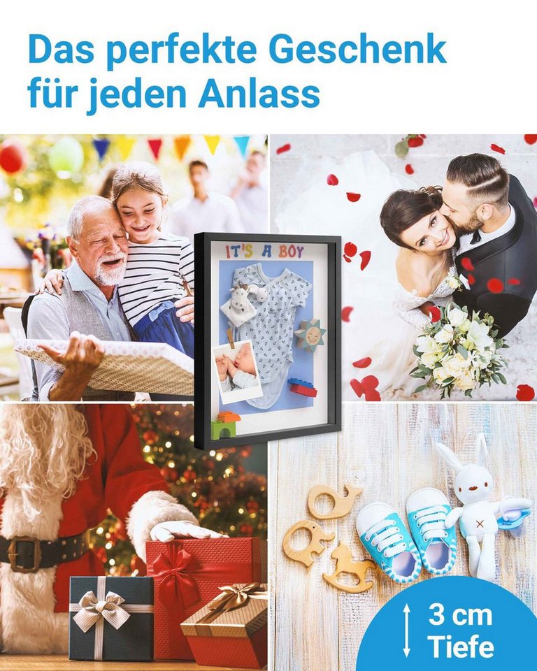 PHOTOLINI Bilderrahmen 2er Set 3D-Objektrahmen tief zum Befüllen mit Glasscheibe, für 2 Bilder (2er Set), tiefe Rahmen A4 21x30 cm mit Passepartout für Objekte bis 3 cm Tiefe Bild 2
