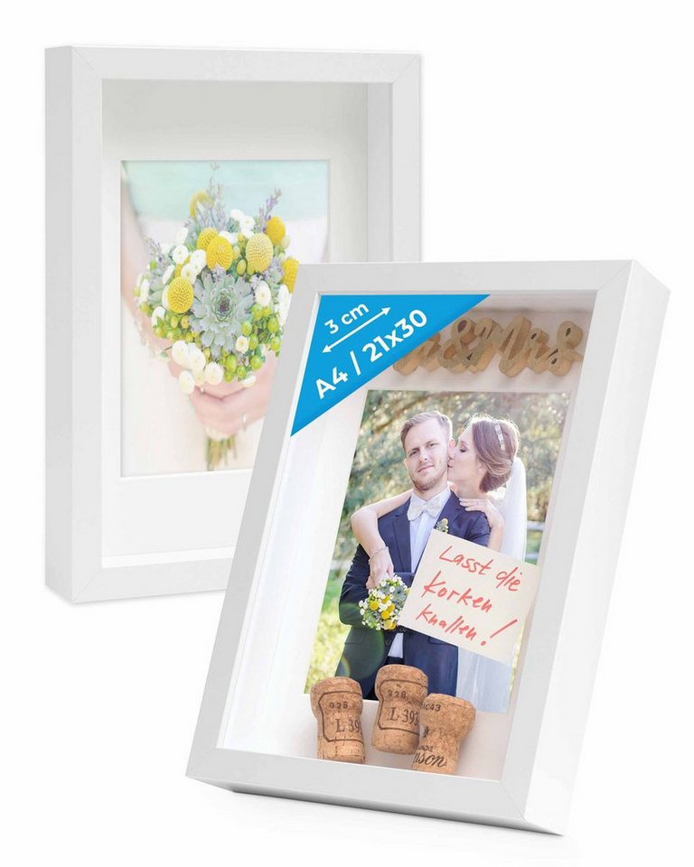 PHOTOLINI Bilderrahmen 2er Set 3D-Objektrahmen tief zum Befüllen mit Glasscheibe, für 2 Bilder (2er Set), tiefe Rahmen A4 21x30 cm mit Passepartout für Objekte bis 3 cm Tiefe Bild 3