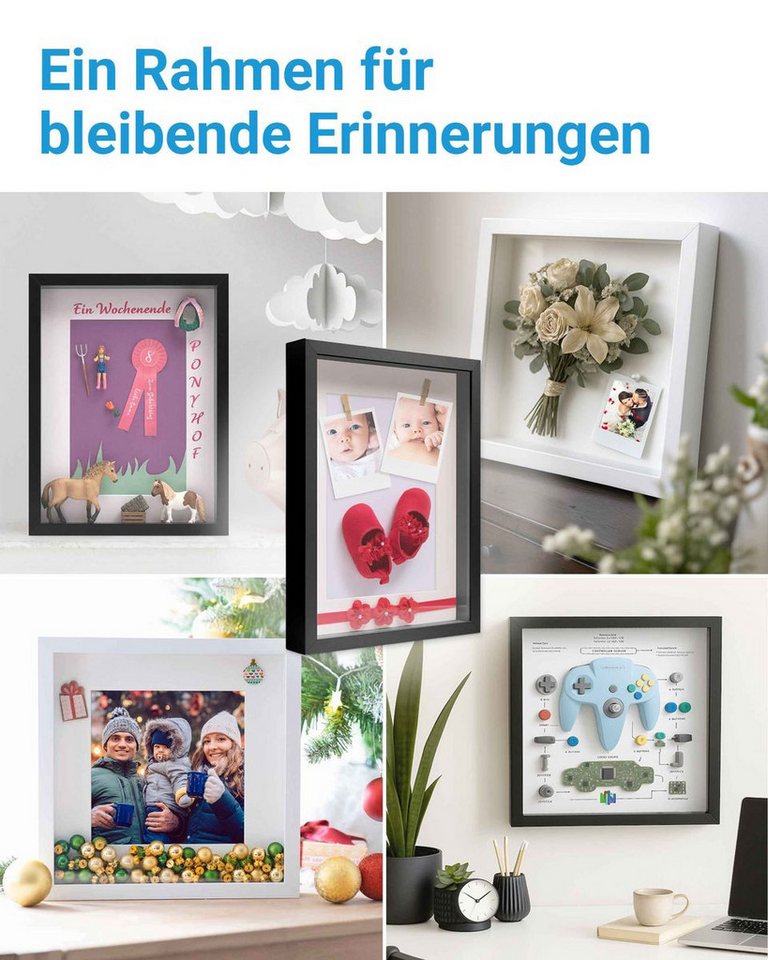 PHOTOLINI Bilderrahmen 2er Set 3D-Objektrahmen tief zum Befüllen mit Glasscheibe, für 2 Bilder (2er Set), tiefe Rahmen A4 21x30 cm mit Passepartout für Objekte bis 3 cm Tiefe Bild 4