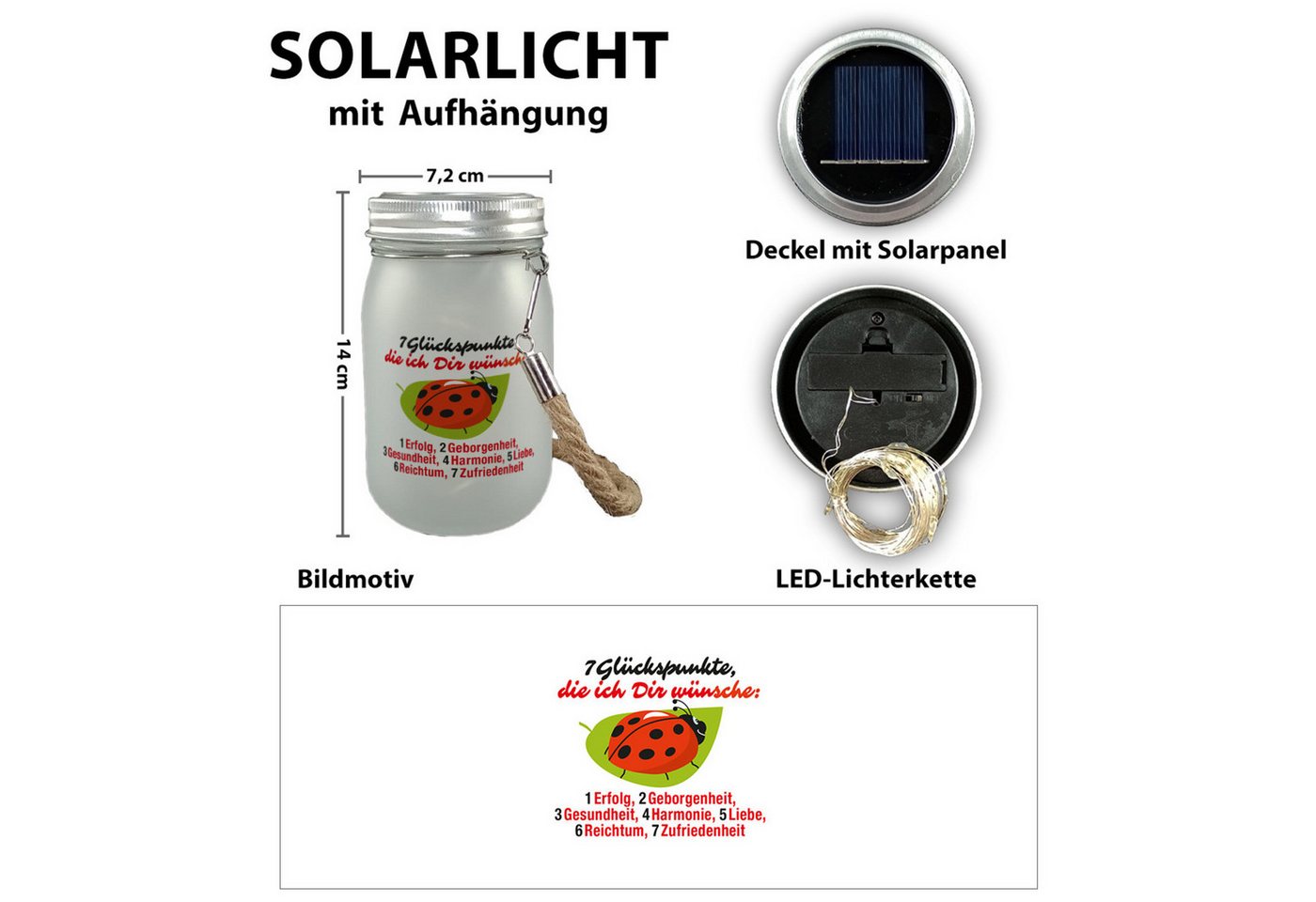 speecheese Dekolicht Marienkäfer Solarlicht mit Spruch Sieben Glückspunkte