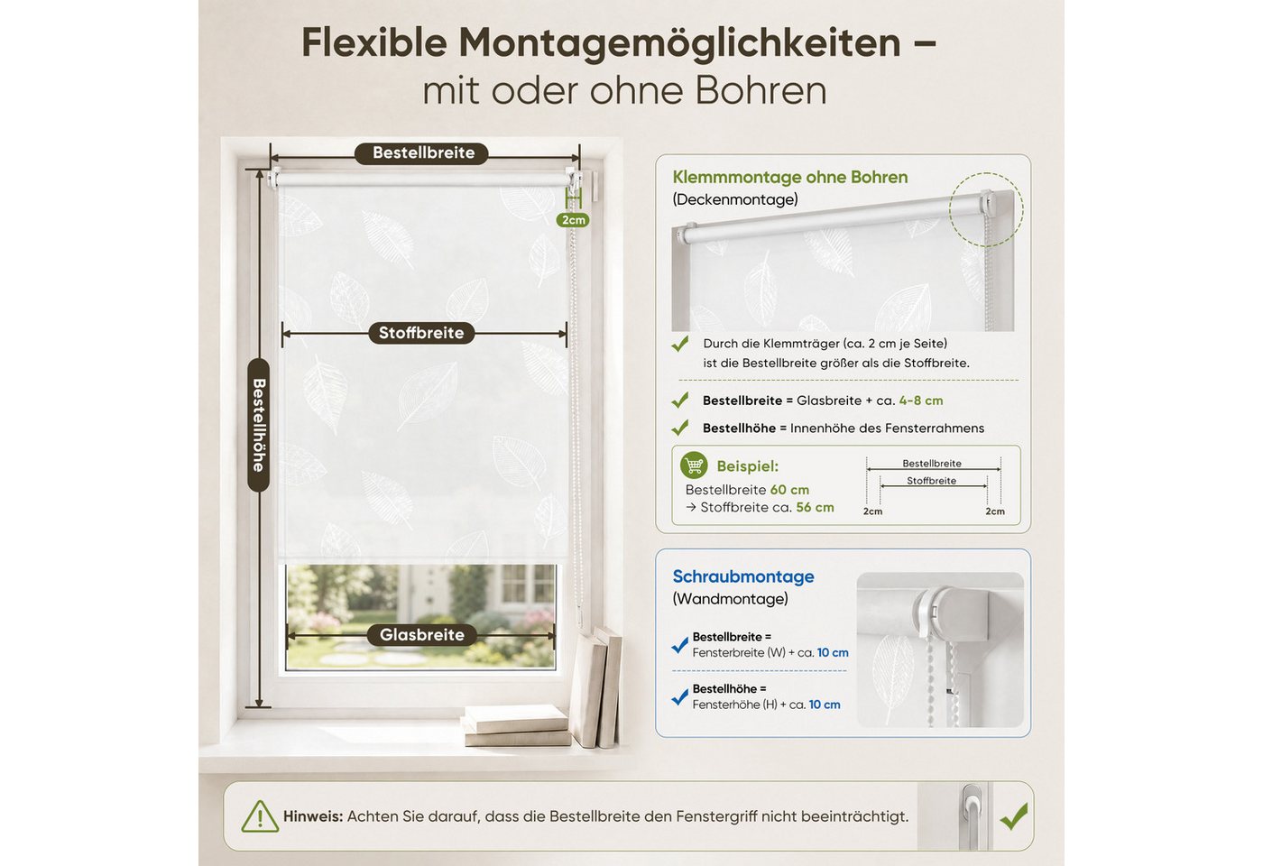 Rollo Seitenzugrollo Rollo ohne Bohren blickdicht Sichtschutzrollo, Sekey, Klemmfix, Klemmfix, Trendiges Rollo Lichtdurchlässig mit Blatt weiss – NEUHEIT