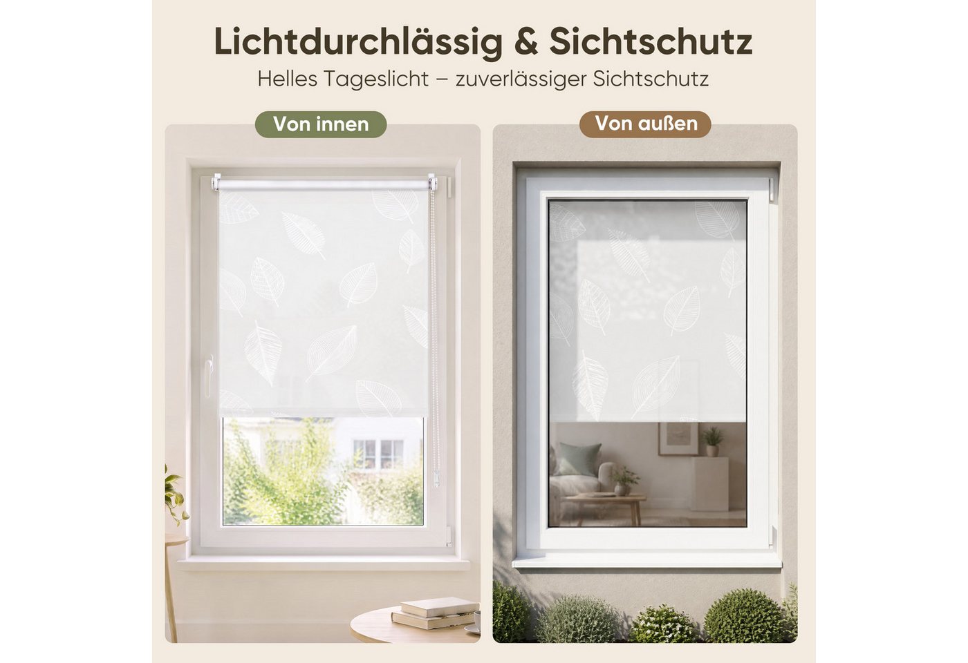 Rollo Seitenzugrollo Rollo ohne Bohren blickdicht Sichtschutzrollo, Sekey, Klemmfix, Klemmfix, Trendiges Rollo Lichtdurchlässig mit Blatt weiss – NEUHEIT Bild 2