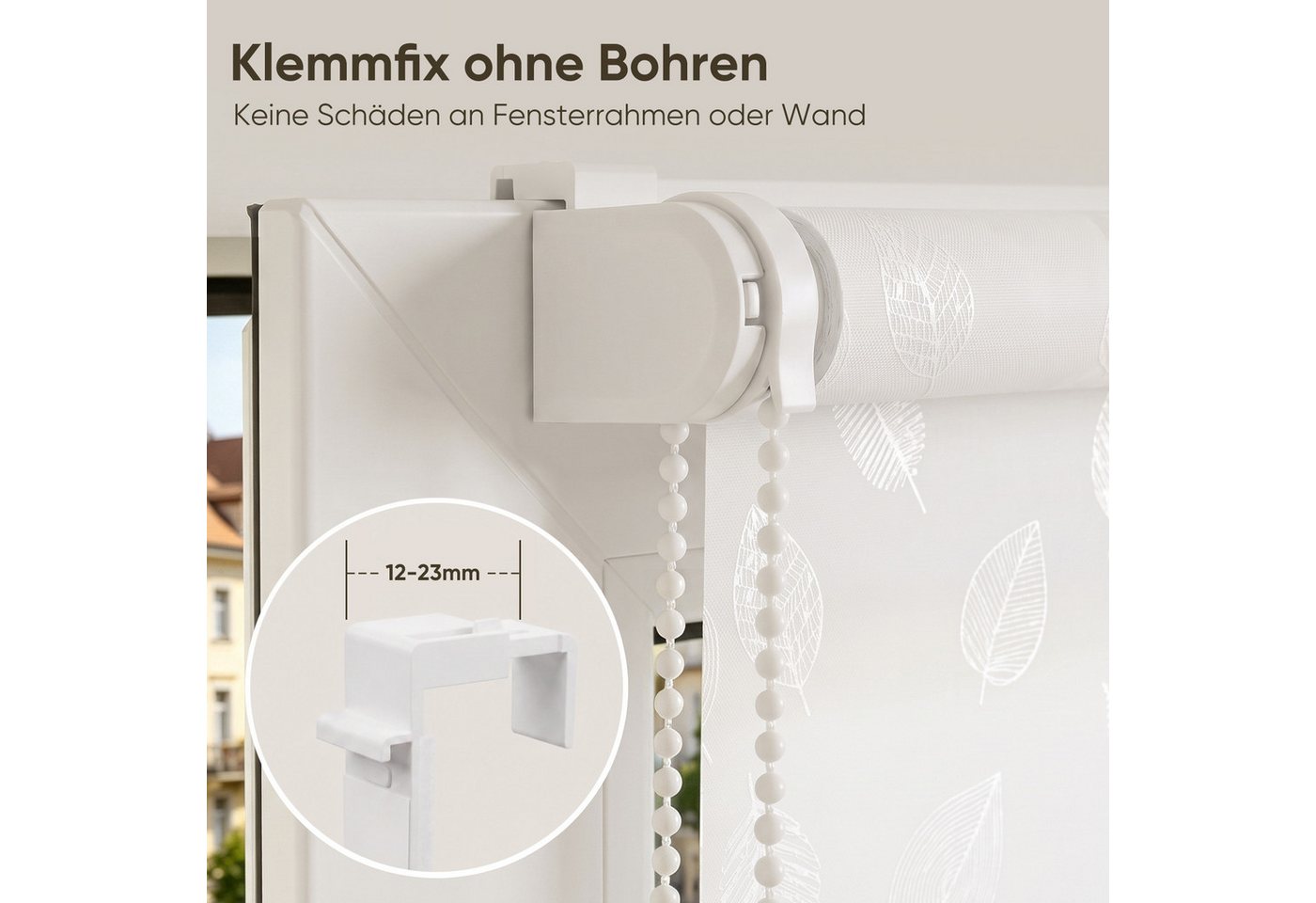 Rollo Seitenzugrollo Rollo ohne Bohren blickdicht Sichtschutzrollo, Sekey, Klemmfix, Klemmfix, Trendiges Rollo Lichtdurchlässig mit Blatt weiss – NEUHEIT Bild 3