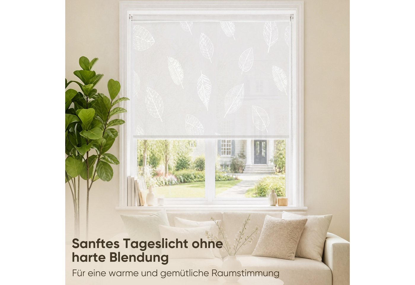 Rollo Seitenzugrollo Rollo ohne Bohren blickdicht Sichtschutzrollo, Sekey, Klemmfix, Klemmfix, Trendiges Rollo Lichtdurchlässig mit Blatt weiss – NEUHEIT Bild 4