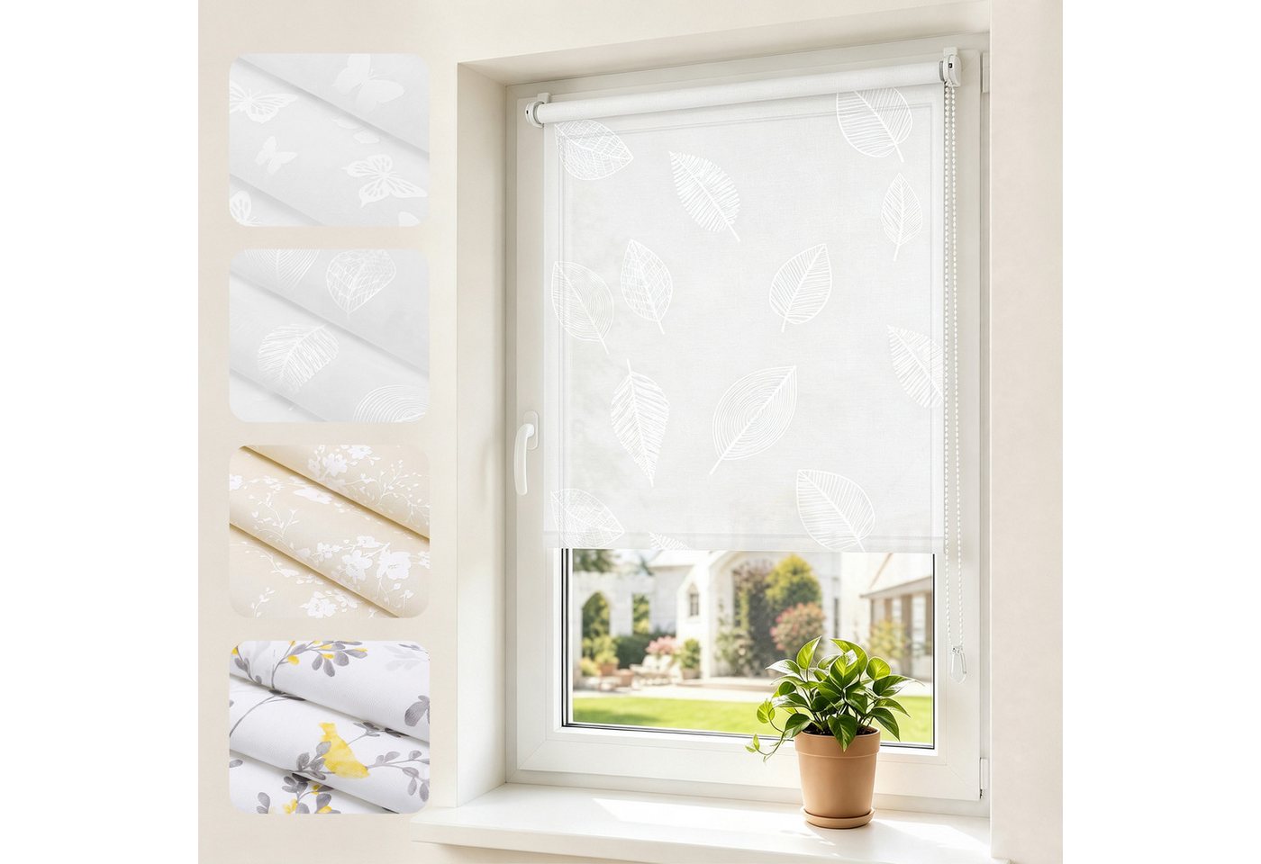 Rollo Seitenzugrollo Rollo ohne Bohren blickdicht Sichtschutzrollo, Sekey, Klemmfix, Klemmfix, Trendiges Rollo Lichtdurchlässig mit Blatt weiss – NEUHEIT Bild 5