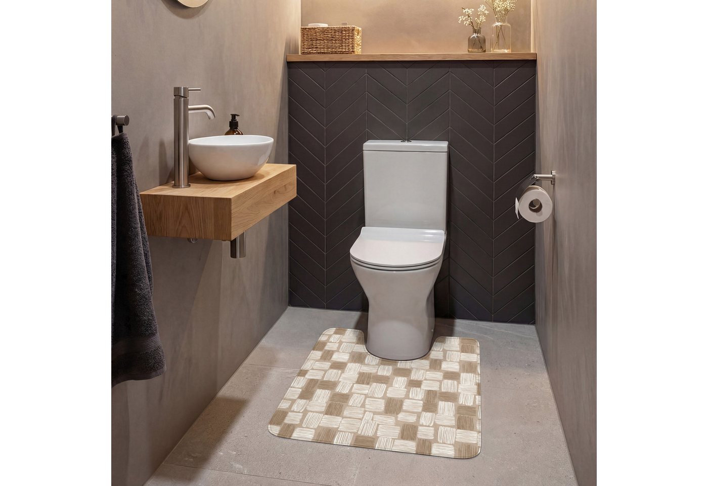 OnlyWow WC-Vorleger Block - Muster - Braun, Höhe 10 mm, Polyester, U-Form, Vorleger mit Ausschnitt, Toilettenvorleger, Toilettenteppich