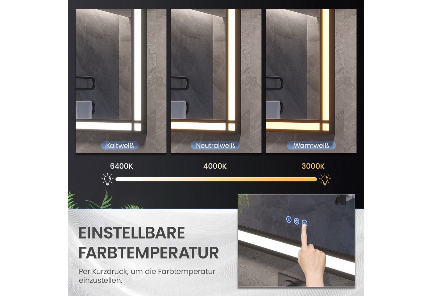 AQUALAVOS Badspiegel LED Spiegel 140×70 cm Touch Badezimmerspiegel Beschlagfrei Wandspiegel, mit 6400K Kaltweiß/ 3000K Warmweiß Licht Beleuchtung, Energiesparender