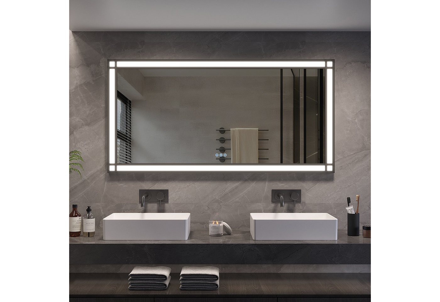 AQUALAVOS Badspiegel LED Spiegel 140×70 cm Touch Badezimmerspiegel Beschlagfrei Wandspiegel, mit 6400K Kaltweiß/ 3000K Warmweiß Licht Beleuchtung, Energiesparender Bild 2