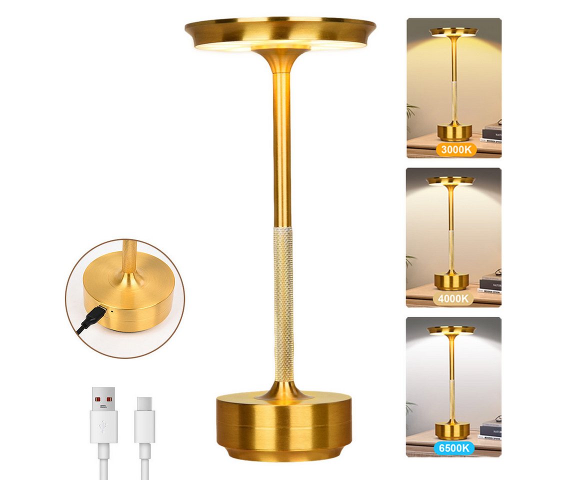 Rosnek LED Tischleuchte Tischlampe Kabellose Dimmbar Leseleuchte, USB Aufladbar, Wasserdichtes, Gold, LED fest integriert, Kaltweiß, Warmweiß, Naturweiß, mit Touch-Schalter Leicht Schreibtischlampe für Wohnzimmer Büro