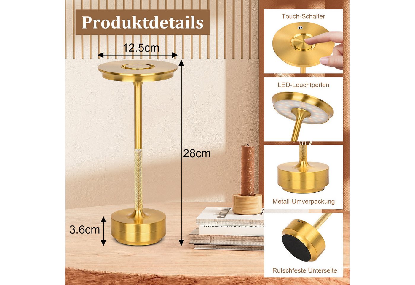 Rosnek LED Tischleuchte Tischlampe Kabellose Dimmbar Leseleuchte, USB Aufladbar, Wasserdichtes, Gold, LED fest integriert, Kaltweiß, Warmweiß, Naturweiß, mit Touch-Schalter Leicht Schreibtischlampe für Wohnzimmer Büro Bild 2
