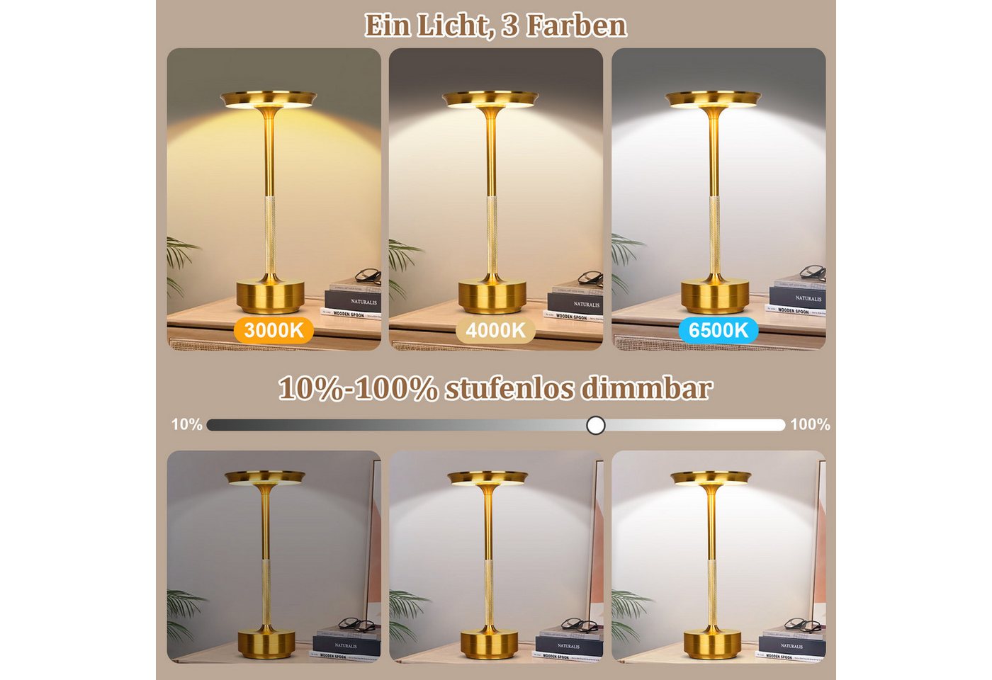 Rosnek LED Tischleuchte Tischlampe Kabellose Dimmbar Leseleuchte, USB Aufladbar, Wasserdichtes, Gold, LED fest integriert, Kaltweiß, Warmweiß, Naturweiß, mit Touch-Schalter Leicht Schreibtischlampe für Wohnzimmer Büro Bild 3
