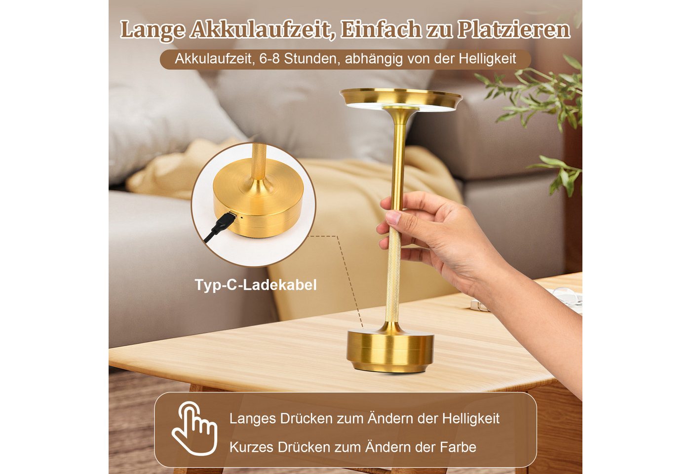 Rosnek LED Tischleuchte Tischlampe Kabellose Dimmbar Leseleuchte, USB Aufladbar, Wasserdichtes, Gold, LED fest integriert, Kaltweiß, Warmweiß, Naturweiß, mit Touch-Schalter Leicht Schreibtischlampe für Wohnzimmer Büro Bild 5