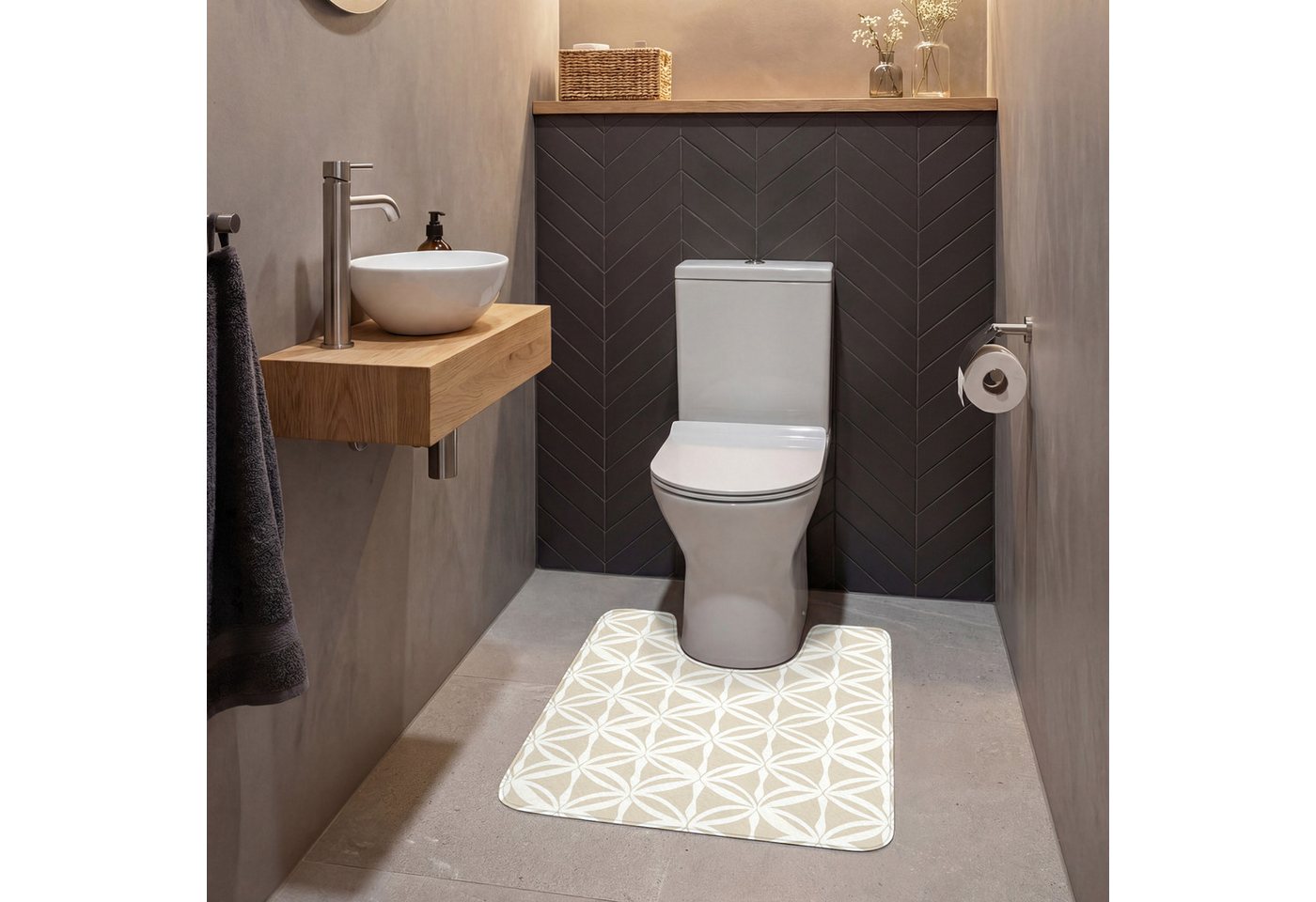 OnlyWow WC-Vorleger Motiv - Modern - Beige, Höhe 10 mm, Polyester, U-Form, Vorleger mit Ausschnitt, Toilettenvorleger, Toilettenteppich Bild 4