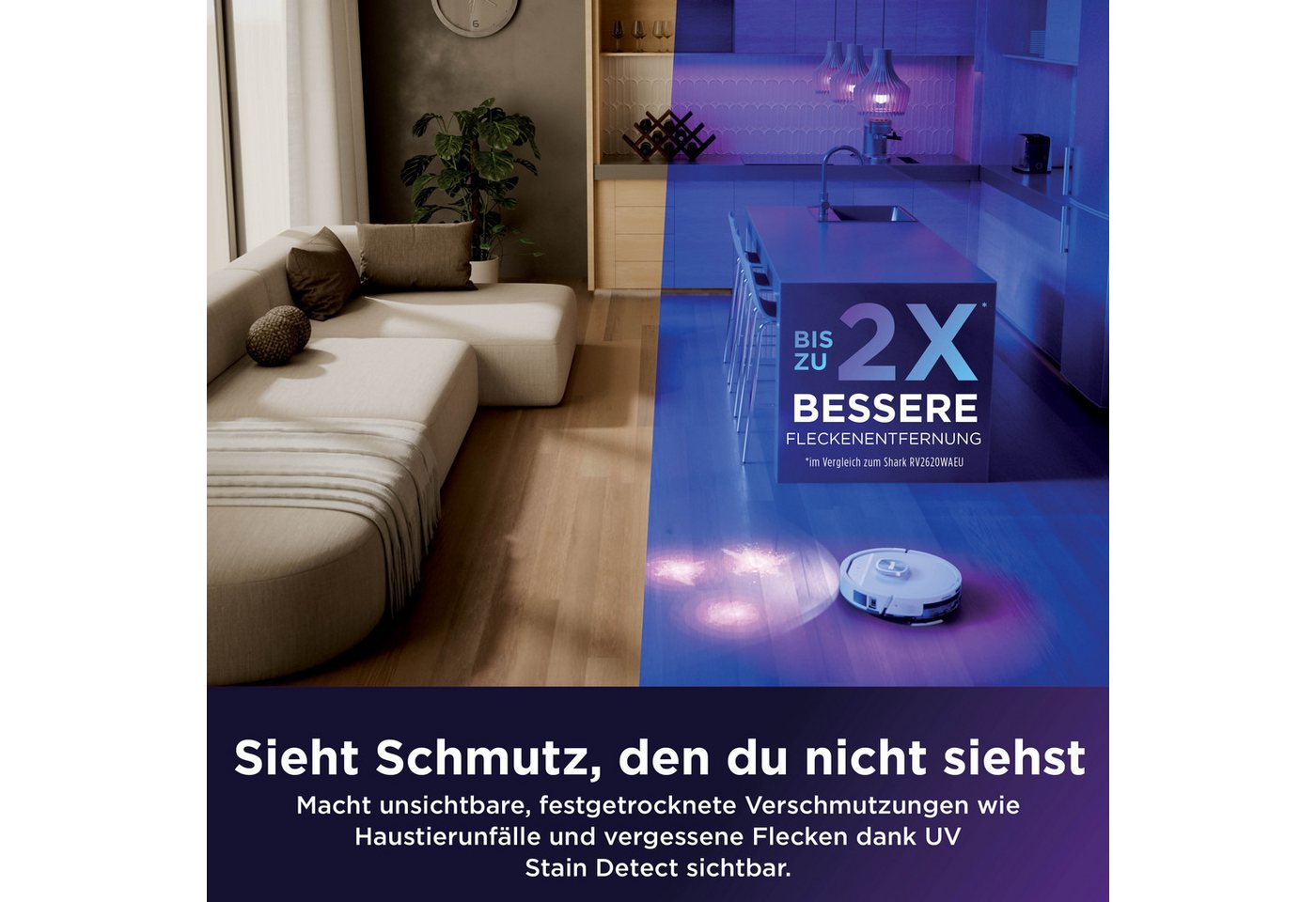 Shark Saugroboter Shark PowerDetect UV Reveal 2-in-1 Saug- und Wischroboter Schwarz, 650 W, beutellos, UV-Reveal-Technologie, 8 PowerDetect-Technologien