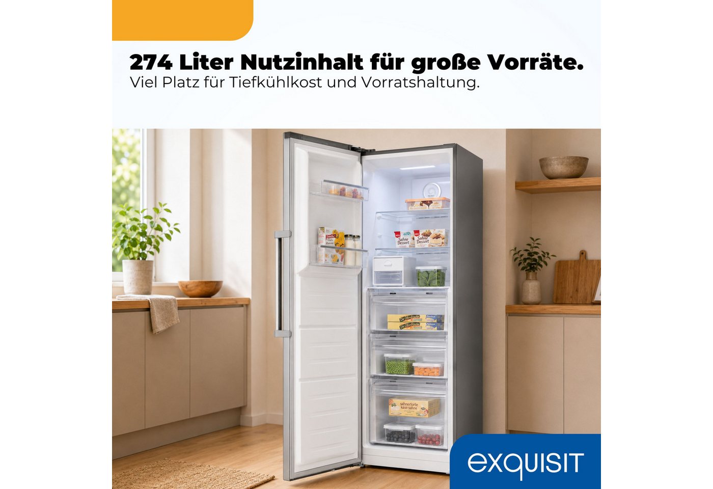 exquisit Gefrierschrank GS295-NF-H-040C inoxlook, 185 cm hoch, 60 cm breit, Viel Platz, starke Gefrierleistung & No Frost für eisfreies Gefrieren Bild 2