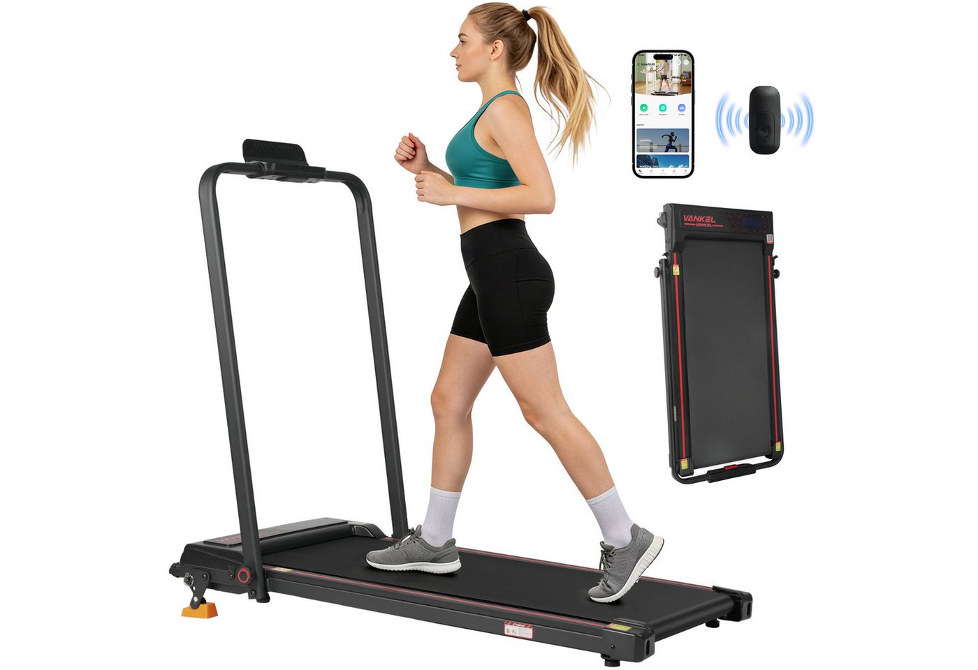 Vankel Laufband Klappbares Laufband 1–12 km/h für Zuhause (Fernbedienung), Mit Steigung, App & Handlauf für leises Training