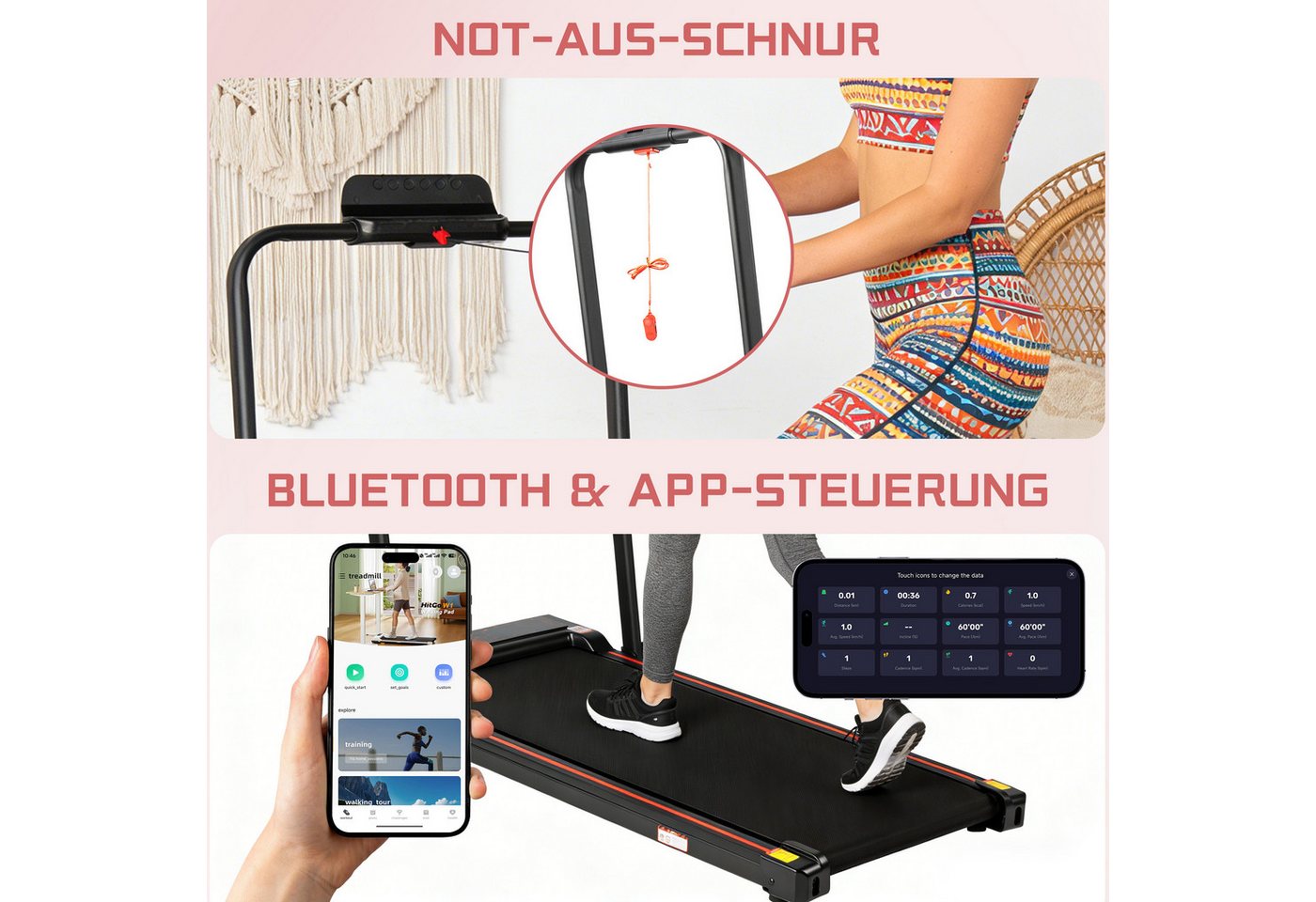 Vankel Laufband Klappbares Laufband 1–12 km/h für Zuhause (Fernbedienung), Mit Steigung, App & Handlauf für leises Training Bild 3