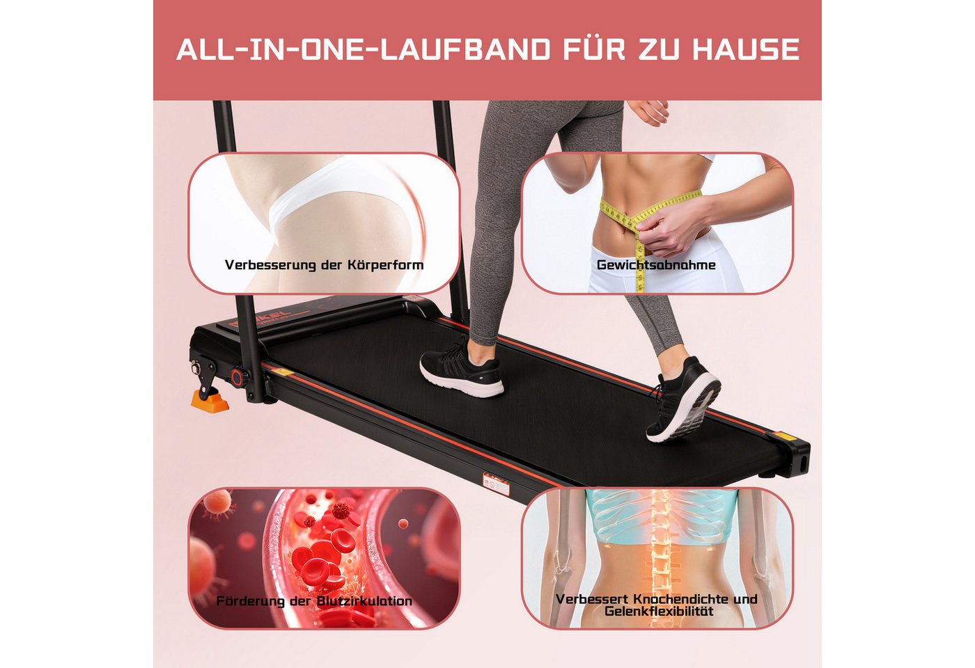 Vankel Laufband Klappbares Laufband 1–12 km/h für Zuhause (Fernbedienung), Mit Steigung, App & Handlauf für leises Training Bild 4