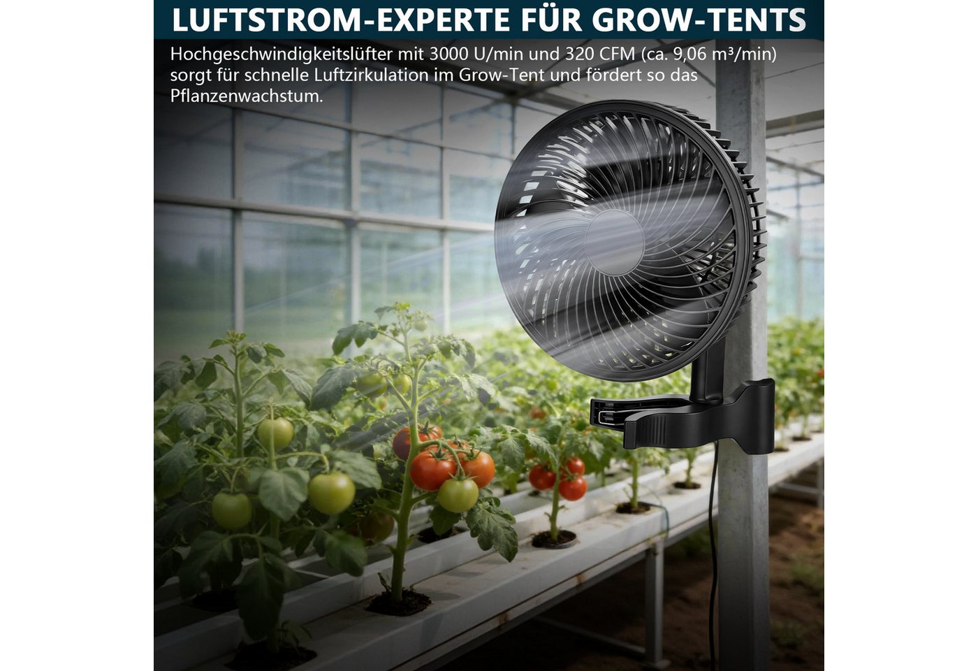 XIIW Wandventilator Grow Clip Ventilator Oszillierend Growzelt Growbox Umluftventilator, Leise 9W 10 Gang 543m³/h EC-Motor IP44 2 Modi Bild 2