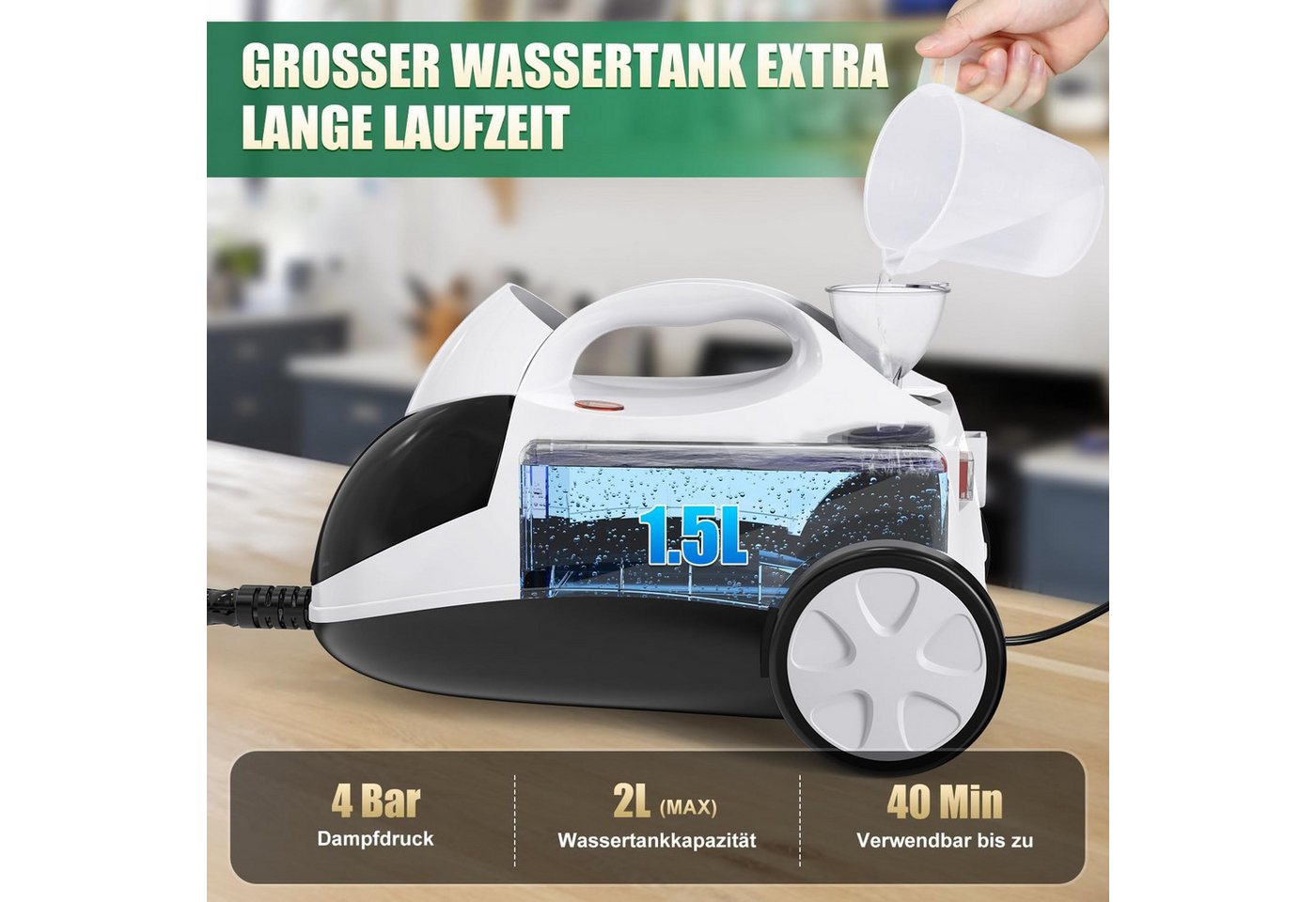 Rolipo Dampfreiniger Dampfdruck:4 Bar,Leistung:2000 W,Tank:Max 2 L,Nutzungsdauer:40 Minuten, 2000 W, Dampfdruck:4 Bar,Leistung:2000W,Tank:Max 2L,Nutzungsdauer:40 Minuten